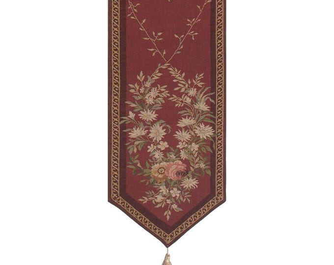 Red Floral Jacquard Table Runner with Tassels - Aubusson French Style 71x14