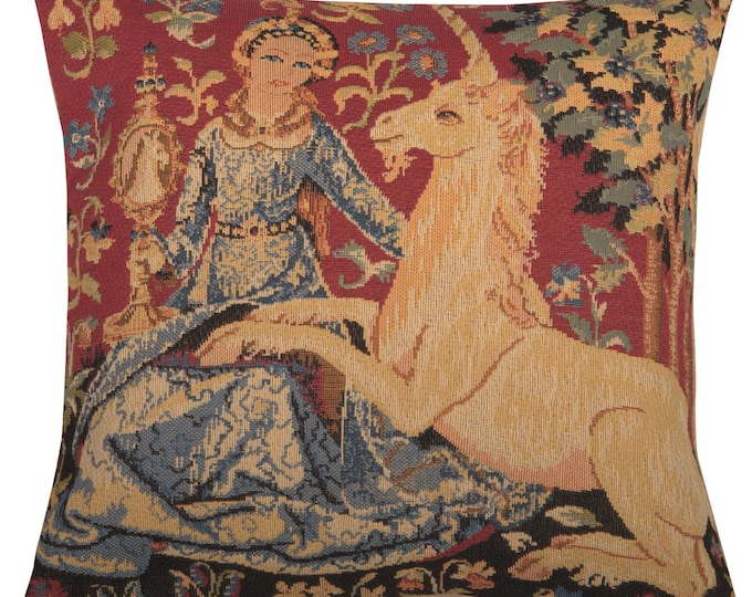 Unicorn Tapestry Throw Pillow Cover: Medieval Belgian Jacquard Woven Cushion (14x14 inch)
