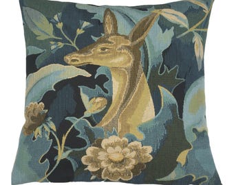 Forest Deer Jacquard Cushion Cover: Belgian Woven Cotton Throw Pillow