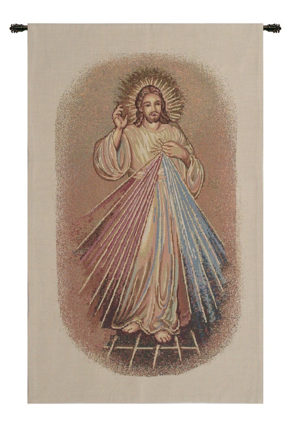 Merciful Jesus Tapestry: Woven Christian Wall Hanging, 36x20 inch