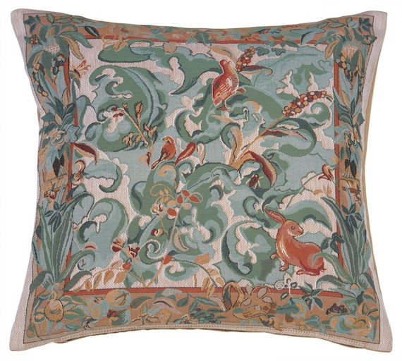 Jacquard Woven Cushion Cover: Aristoloches Animals & Vines, French Tapestry Pillow (19x19 inch)