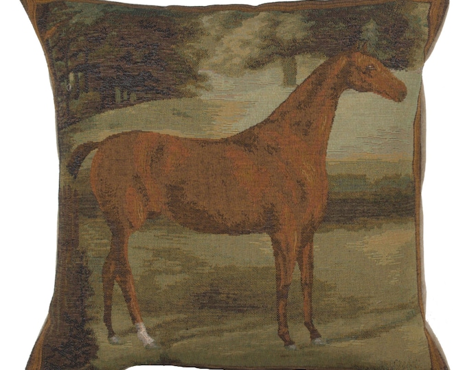 Alezan Horse French Tapestry Cushion Cover 19x19 inch – Animal Art Woven Gobelin Pillow – Decorative Throw Pillow Cover for Sofa