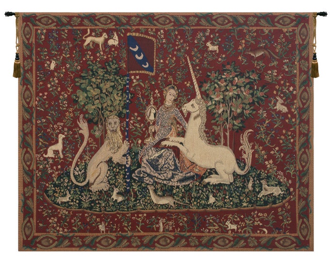 Lady and Unicorn Tapestry: Medieval Woven Wall Hanging, 34x44 inch