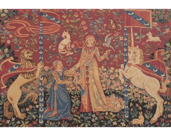 Taste Le Gout Wall Tapestry | European Lady and Unicorn Hanging | Decorative Background Wall Hanging | Millefleurs Wall Art