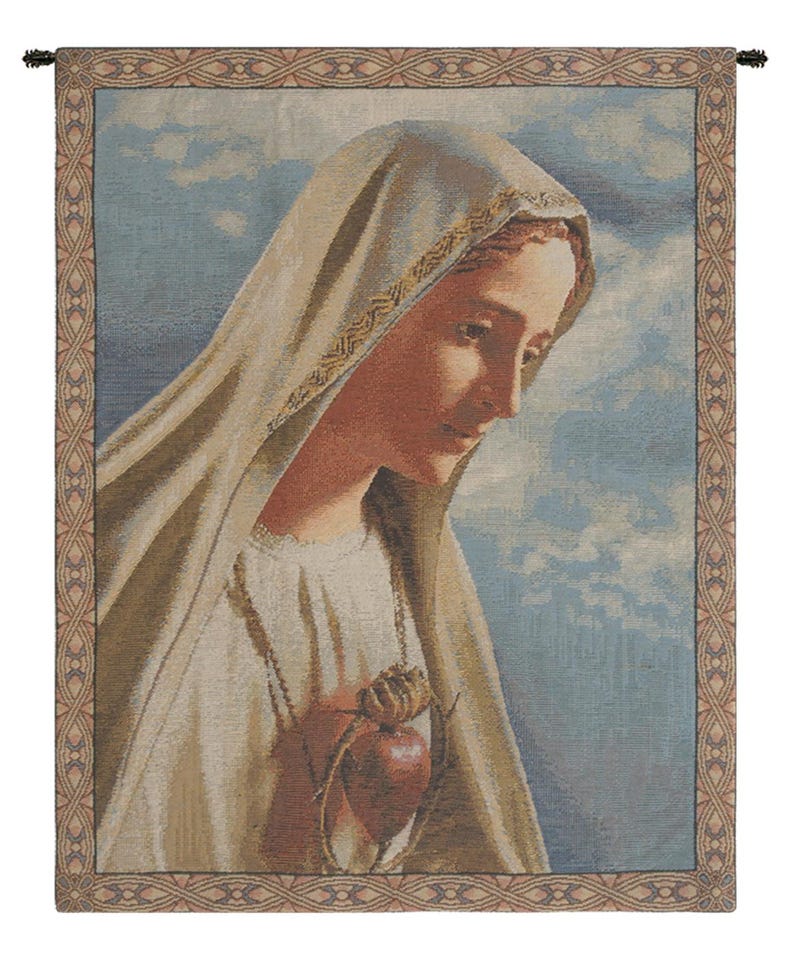 Our Lady of Fatima Belgian woven religious tapestry wall hanging featuring sacred Marian portrait and devotional design