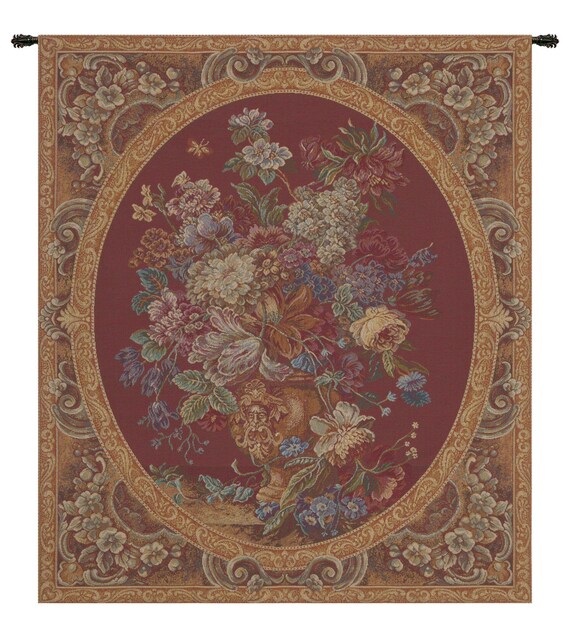 Burgundy Floral Vase Tapestry: Italian Jacquard Woven Wall Art