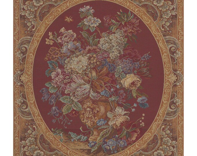 Floral Composition in Vase Burgundy European Wall Tapestry - Flower Bouquet Wall Art - Red Background Wall Hanging - Jacquard Wall Hanging
