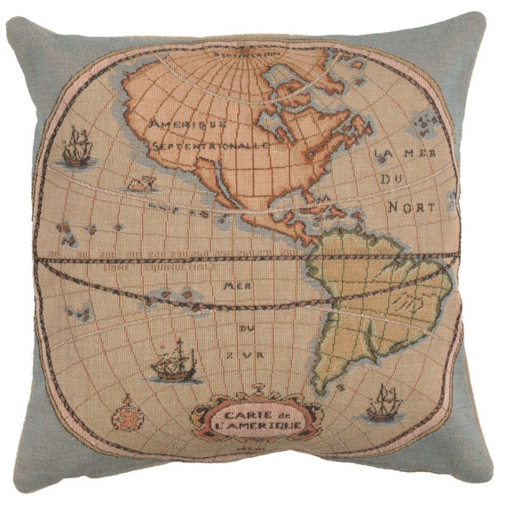 Map of Americas Tapestry Cushion Cover: French Woven Pillow (14x14 inch)