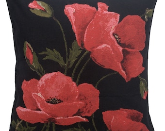 Poppies Tapestry Cushion Covers - Gobelin Throw Pillow Covers - Square Belgian Pillow Covers - 18x18 Red Floral Pillow Covers