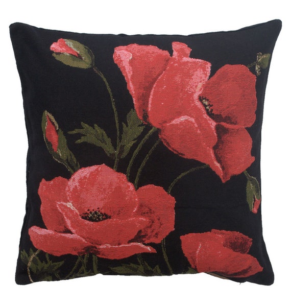 Poppies Tapestry Pillow Cover: Belgian Floral Throw Pillow (18x18)