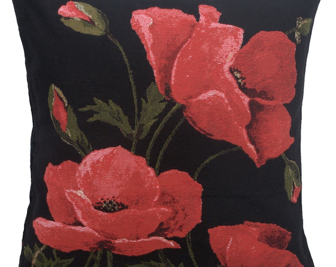 Poppies Tapestry Cushion Covers - Gobelin Throw Pillow Covers - Square Belgian Pillow Covers - 18x18 Red Floral Pillow Covers