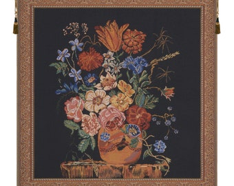 Verendael Terra Cotta Black European Wall Tapestry - Black Background Flower Bouquet Tapestry - Woven Wall Hanging - Floral Wall Décor Art