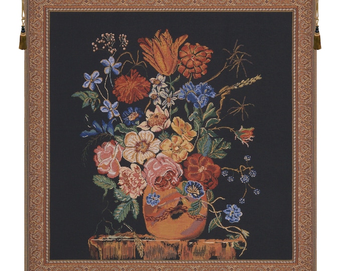 Floral Wall Tapestry: Black European Flower Bouquet, Woven in Belgium