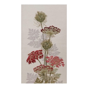 May include: A botanical print featuring red and green wildflowers against a neutral backdrop. The image shows detailed floral elements, including seed heads and delicate blooms, with subtle grey leaf shadows.