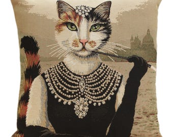 Denise Cat Tapestry Cushion Cover: 18x18 Woven Throw Pillow for Couch, Sofa, Home Decor