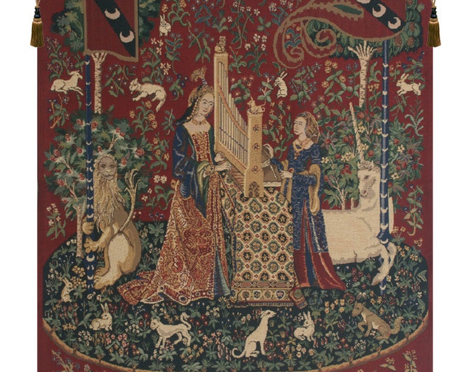 Lady and the Organ II Medieval Unicorn Tapestry - Woven Millefleurs Wall Hanging for Home Decor