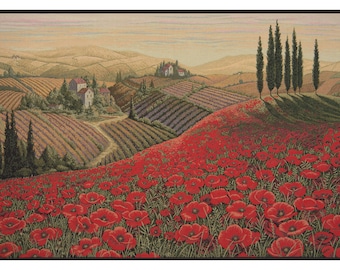 Tuscan Poppy Landscape European Wall Tapestry - Red Flower Wall Art - Woven Italian wall Tapestry - Garden Decorative Floral Wall Hanging