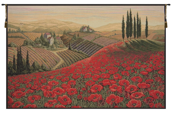 Tuscan Poppy Landscape Tapestry: Italian Woven Floral Wall Art