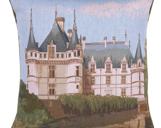 Castle Azay Le Rideau Tapestry Pillow Cover: French Jacquard Woven Cushion (19x19 inch)