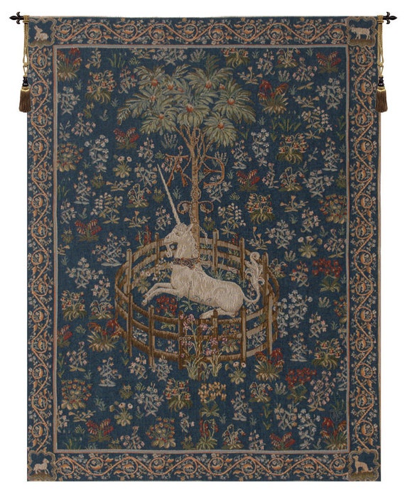 Captive Unicorn Tapestry: Blue Millefleurs Medieval Wall Hanging