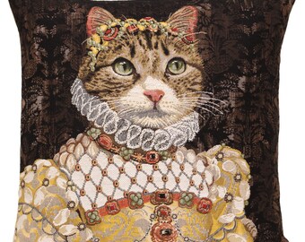 Grijze kat Sisi kussenhoes | Jacquard geweven Belgisch tapijtkussen 18x18 inch | Grillige kat sierkussen | Kat in koninklijke jurk