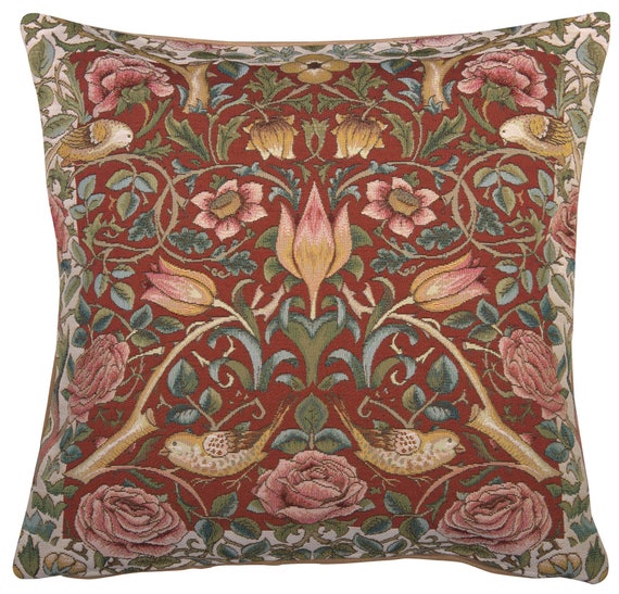 Red Roses and Birds Tapestry Pillow Cover: Woven Floral Cushion Case