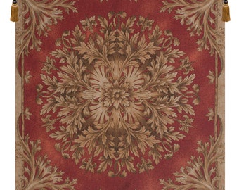 Les Rosaces in Red European Wall Tapestry - Woven jacquard Wall Tapestry - Decorative Wall Hanging - Floral Medieval French Wall Art