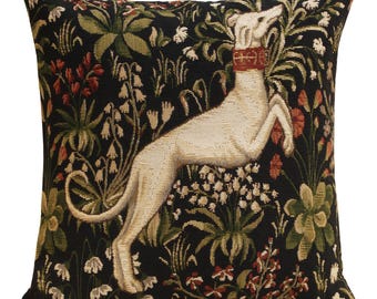 Medieval Belgian Tapestry Throw Pillow Cushion Cover: Leaping Hound Design for Elegant Home Decor