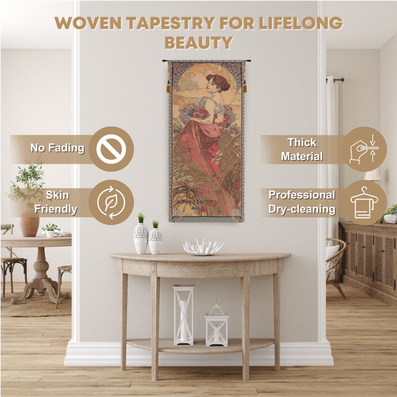 Mucha Summer I European Wall Tapestry - Young Lady Decorative Wall Hanging - Unique Belgian Wall Tapestry - Woven Jacquard Wall Decor Art