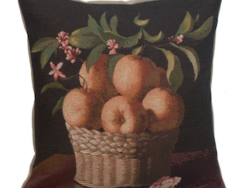 Orange Basket Tapestry Cushion Covers - Black Gobelin Pillow Covers - Woven European Throw Pillow Covers - 19x19 Decorative Cushion Covers