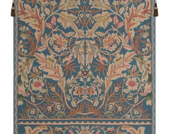 Acanthus III European Wall Tapestry - William Morris Decorative Wall Hanging - Blue Background Floral Wall Décor Art - Flower Woven Wall Art