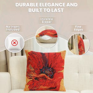 Red Poppy Belgian Tapestry Cushion Cover – Floral Sofa Pillow, 16x16 inch image 5
