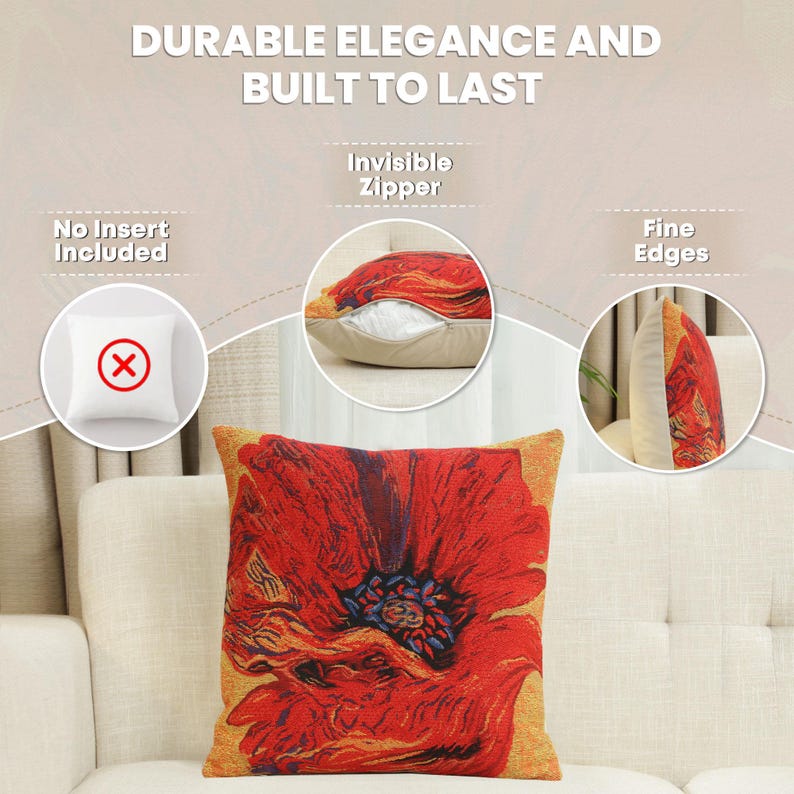 Red Poppy Belgian Tapestry Cushion Cover – Floral Sofa Pillow, 16x16 inch image 5