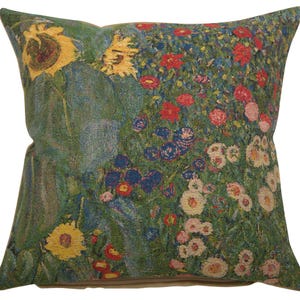 Gustav Klimt Floral Tapestry Pillow Cover - Belgian Woven Cushion Case for Country Garden Decor