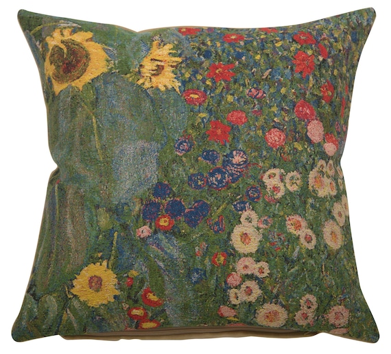 Gustav Klimt Floral Tapestry Pillow Cover - Belgian Woven Cushion Case for Country Garden Decor