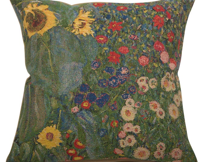 Gustav Klimt Floral Tapestry Pillow Cover - Belgian Woven Cushion Case for Country Garden Decor