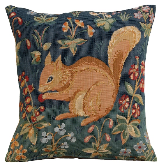 Medieval Squirrel Tapestry Cushion Cover - Woven Pillow Cover - 14x14 inch Animals Art French Pillow Case - Millefleurs Art Pillow Cover