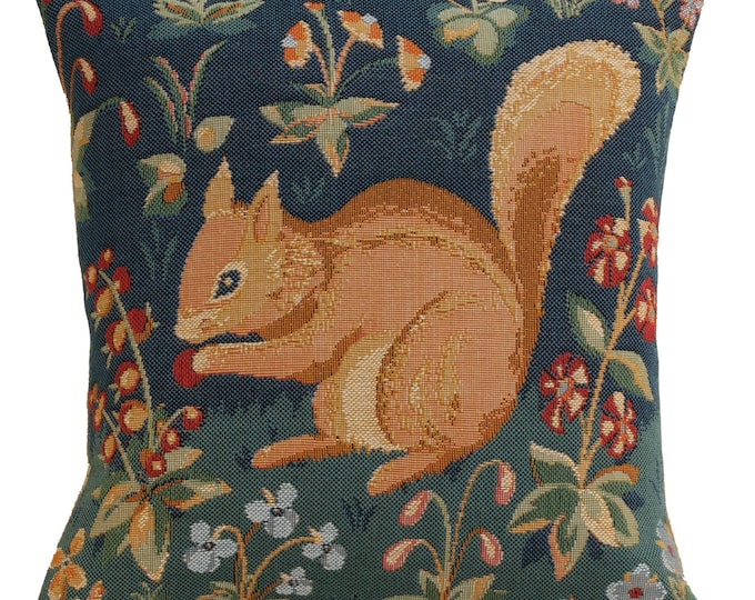 Medieval Squirrel Tapestry Pillow Cover – French Millefleurs Art (14x14 inch)
