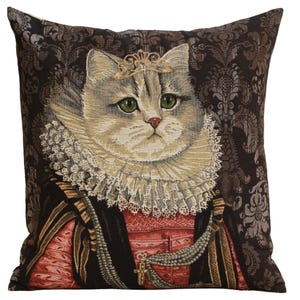 王冠をつけた猫のタペストリー枕カバー 18x18 - 猫好きのためのジャカード織りクッションケース - ソファやベッド用の装飾用クッションカバー