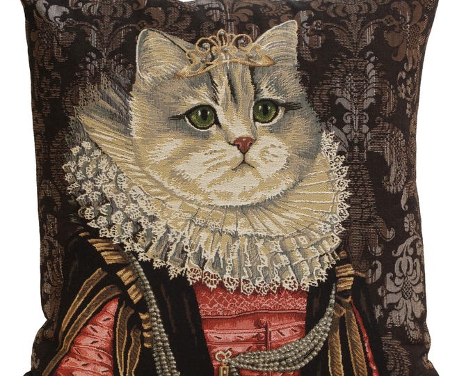 Cat with Crown Pillow Cover - Jacquard Woven Cotton Cushion Case Decorative Throw Medieval Home Decor
