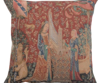 The Hearing I Small Cushion Cover | Medieval Tapestry Pillow Cover | Floral Throw Tapestry Cushion Cover | 14x14 inch Decorative Pillowcover