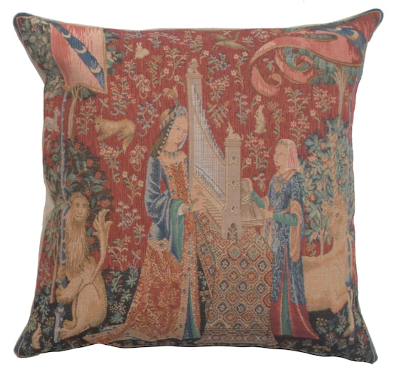 Medieval Tapestry Pillow Cover: Lady and Unicorn, Floral Throw Cushion (14x14 inch)