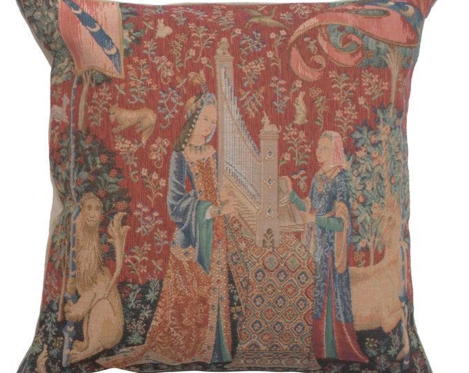 Medieval Tapestry Pillow Cover: Lady and Unicorn, Floral Throw Cushion (14x14 inch)
