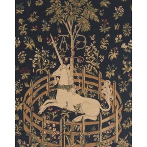 Woven Medieval Unicorn Tapestry: Captivity V Wall Hanging with Millefleurs Background