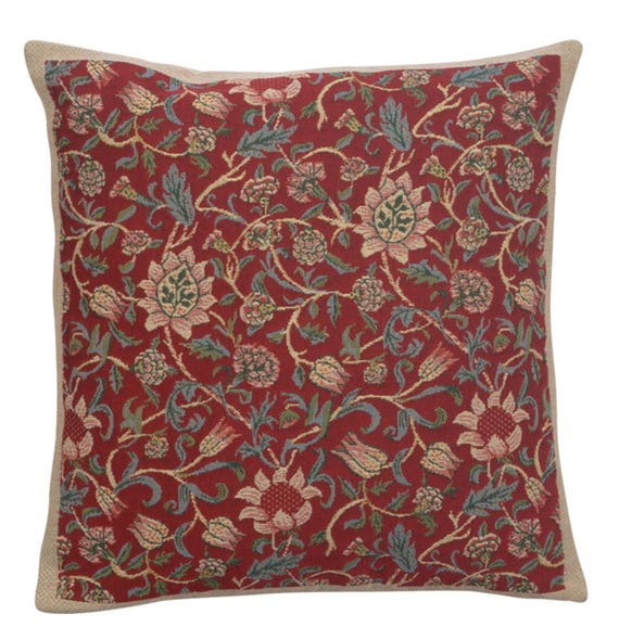 William Morris Fleur-de-Lis Red Tapestry Cushion Cover - Woven Gobelin Art Pillow Case 16x16 inch
