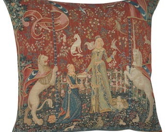 The Taste Large Cushion Cover | Millefleurs Decorative Pillow Case | Medieval Art French Tapestry Pillow Cover |19x19 inch French Art Pillow