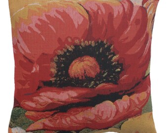 Red & Black Poppy Tapestry Cushion Cover 16x16 Inch – Woven Floral Pillow Cover – Square Decorative Sofa Pillow Covers