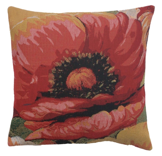Red Poppy Tapestry Pillow Cover: Woven Floral Cushion, 16x16 Inch