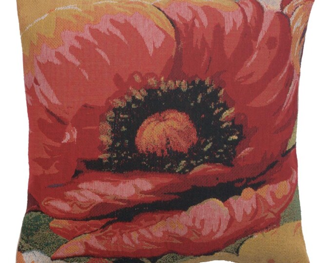 Red & Black Poppy Tapestry Cushion Cover 16x16 Inch – Woven Floral Pillow Cover – Square Decorative Sofa Pillow Covers