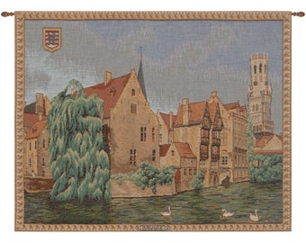 Brugges Riverside European Wall Tapestry - Woven Jacquard Wall Art - French Wall Tapestry - Landscape Wall Hanging - Decorative Wall Art